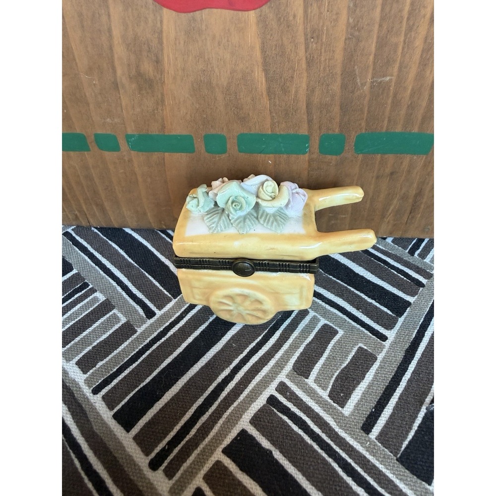 Trinket Box  Porcelain Unmarked Wheel Barrow Hinged Very Nice Flowers